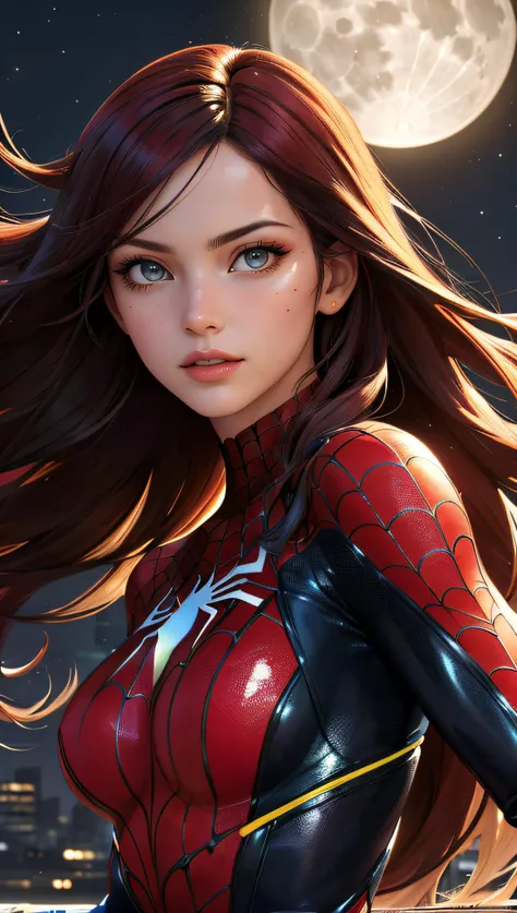 (best quality, masterpiece, colorful, dynamic angle, highest detailed) upper body photo, fashion photography of cute, intense long red hair, \Mary Jane\ in spiderman suit, (ultrahigh resolution textures), in dynamic pose, bokeh, glowing web, (intricate details, hyperdetailed:1.15), detailed, moonlight passing through hair, perfect night, fantasy background, (official art, extreme detailed, highest detailed), HDR+