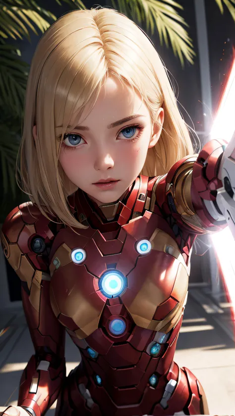 (best quality, masterpiece, perfect detailed face) intense blonde striped hair, sexy 18 years old girl, medium tits, in ultra detailed luminiscent ironman shining suit, imminent laser beam from palm hand vs POV, HDR, cinematic lights