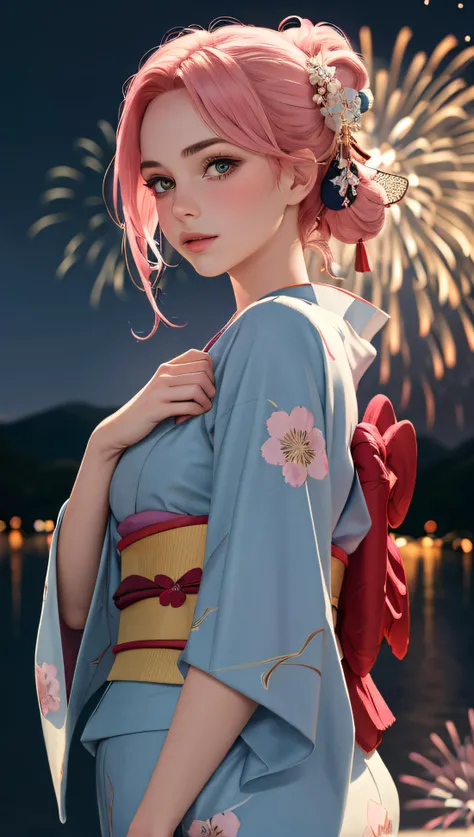 (ultra realistic, best quality, masterpiece, perfect face) pink hair, 18 years old girl, flirting on camera, in traditional japanese blue and gold kimono, detailed textures kimono, night, kyoto, fireworks
