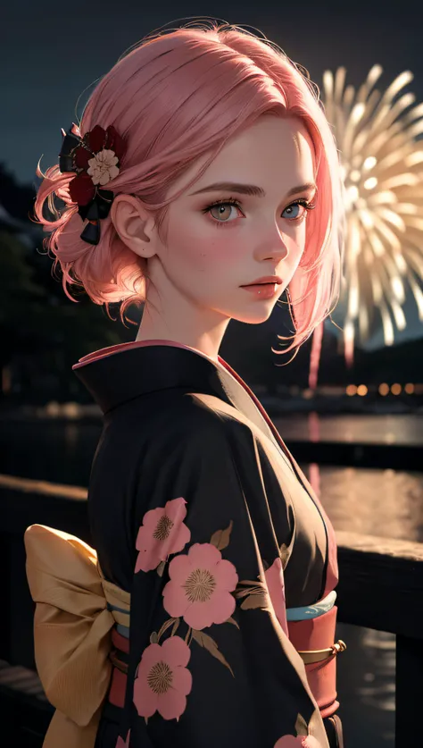 (ultra realistic, best quality, masterpiece, perfect face) pink hair, 18 years old european girl, flirting with POV, in traditional japanese gold&black kimono, ultra detailed kimono textures, high contrast, (natural skin texture, hyperrealism, soft light, sharp), night, kyoto, fireworks