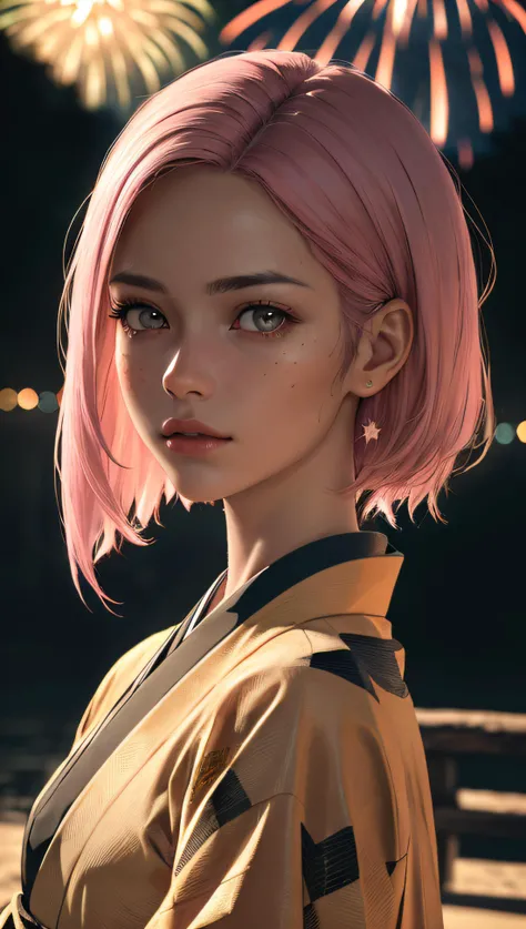 (best quality, masterpiece, perfect face, detailed simmetric eyes), pink hair, 18 years old european girl, flirting with POV, in traditional japanese gold&black kimono, ultra detailed kimono textures, high contrast, (natural skin texture, hyperrealism, soft light, sharp), night, kyoto, fireworks (hi-top fade:1.3), dark theme, soothing tones, muted colors, high contrast, (natural skin texture, hyperrealism, soft light, sharp), HDR, dramatic lights,