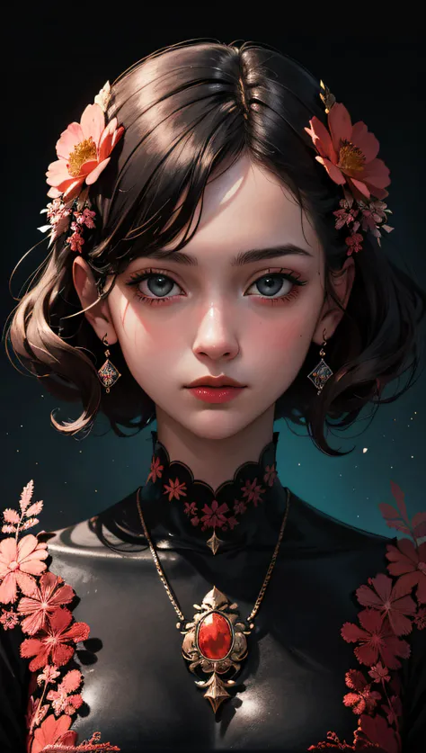 (masterpiece:1.0), (highest quality:1.12), (HDR:1.0), a girl, illustration, cover art, (black:1.2), portrait , coral background, splash