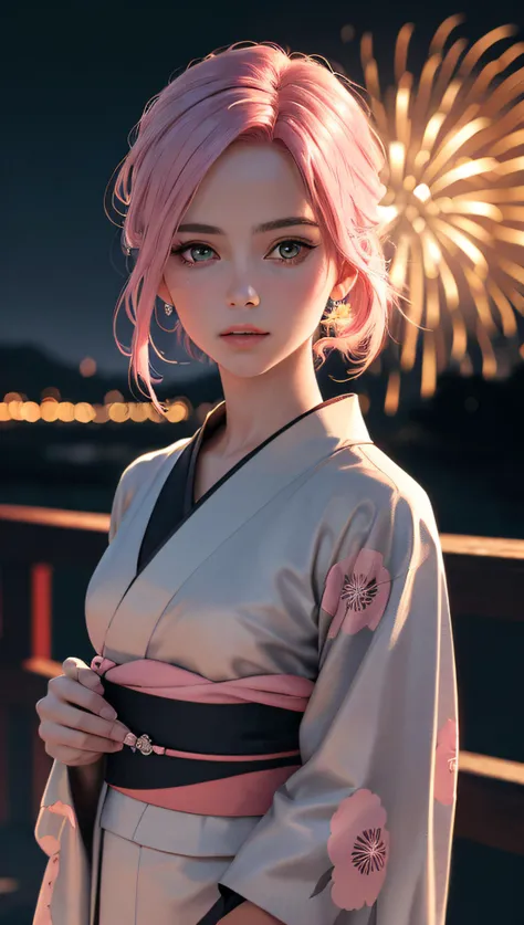 (ultra realistic, best quality, masterpiece, perfect face) pink hair, 18 years old girl, flirting on camera, in traditional japanese black and silver kimono, detailed textures kimono, high contrast, (natural skin texture, hyperrealism, soft light, sharp), night, kyoto, fireworks