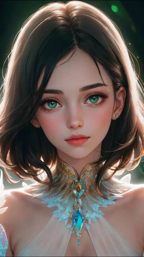 (perfect face), Portrait of An ethereal female figure with delicate, luminescent wings, surrounded by glowing, magical creatures in an enchanted forest
Subsurface skin scattering, shiny skin, iridescent dress, detailed background, ([Elizabeth Olsen|Anne Hathaway|Selena Gomez]:0.8), round cute face, green eyes, close-up, amazing fine detail, Nikon D850 film stock photograph Kodak Portra 400 camera f1.6 lens, rich colors, lifelike texture, dramatic lighting, unreal engine, trending on ArtStation, cinestill 800 tungsten