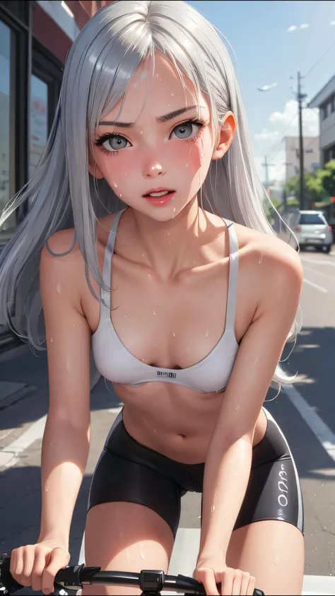 (best quality, masterpiece, perfect face) silver hair, 18 years old girl, medium tits, sweaty, riding a bike