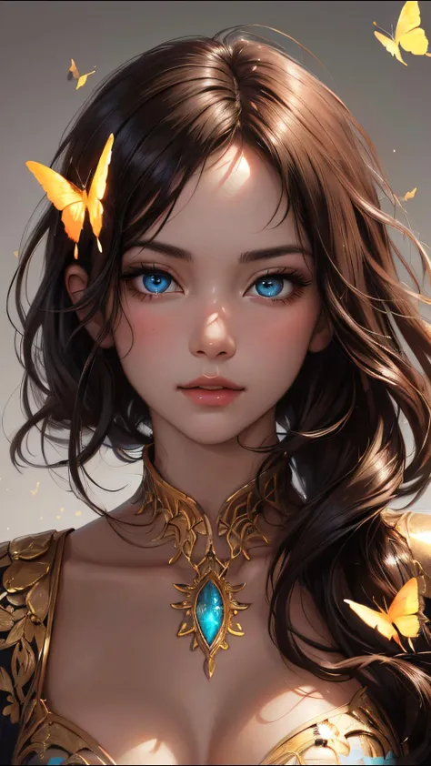 8k portrait of beautiful cyborg with brown hair, intricate, elegant, highly detailed, majestic, digital photography, art by artgerm and ruan jia and greg rutkowski surreal painting gold butterfly filigree, broken glass, (masterpiece, sidelighting, finely detailed beautiful eyes: 1.2), hdr, <lora:more_details:0.2>