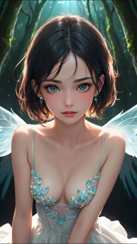 An ethereal female figure with delicate, luminescent wings, surrounded by glowing, magical creatures in an enchanted forest
Subsurface skin scattering, shiny skin, iridescent dress, detailed background, ([Elizabeth Olsen|Anne Hathaway|Selena Gomez]:0.8), round cute face, green eyes, close-up, amazing fine detail, Nikon D850 film stock photograph Kodak Portra 400 camera f1.6 lens, rich colors, lifelike texture, dramatic lighting, unreal engine, trending on ArtStation, cinestill 800 tungsten