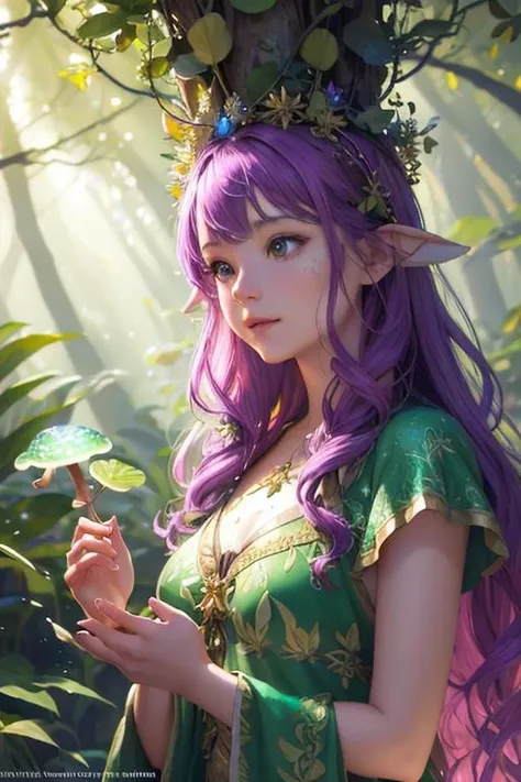 1 beautiful girl is a druid wearing leaf clothing in a forest garden at dawn, with glowing mushrooms everywhere that shines in like the sun. she is bathing with purple fluid under the sea. very detailed faces. beautiful lit, smooth, detailed watercolor style art painting, by rembrandt + laika moore, octane render, digital art, 8k