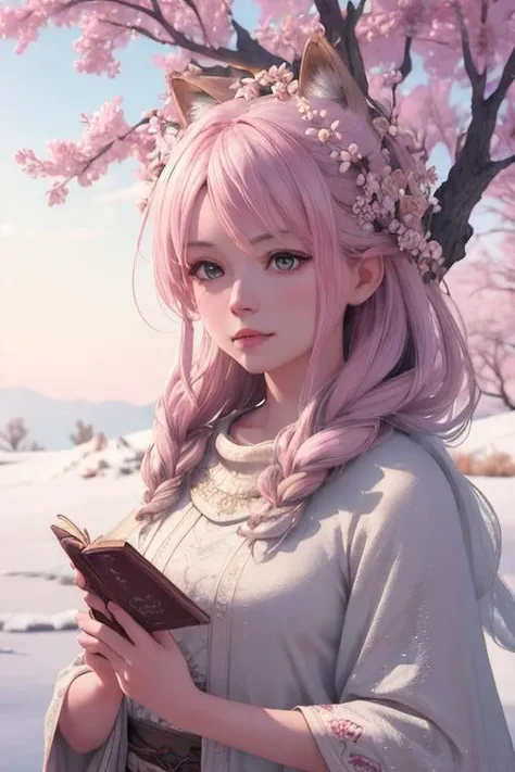 no humans, bare tree, masterpiece, best quality, high quality, extremely detailed CG unity 8k wallpaper,flowering landscape ,A dry place like an empty desert,dearest,foxy,Mono Lake,hackberry,3D Digital Paintings,award winning photography, Bokeh, Depth of Field, HDR, bloom, Chromatic Aberration ,Photorealistic,extremely detailed, trending on artstation, trending on CGsociety, Intricate, High Detail, dramatic, art by midjourney, fog, fantasy, mythology, pink leaf, snowing, ice