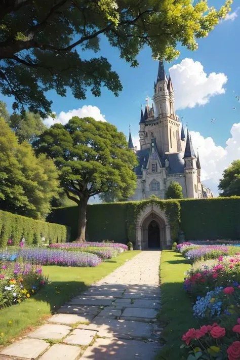 Masterpiece, best quality, no humans, castle garden, trees, summer, flowers, bushes, roses, clouds, sky, stone path, big tree, bees, butterflies, hyperrealistic, detailed background, depth of field, rimlighting, specular highlights, bloom, atmospheric lighting