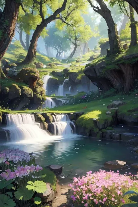 masterpiece, best quality, blooming flowers, ultra realistic 8k fantasy CG, hyperdetailed, landscape of forest