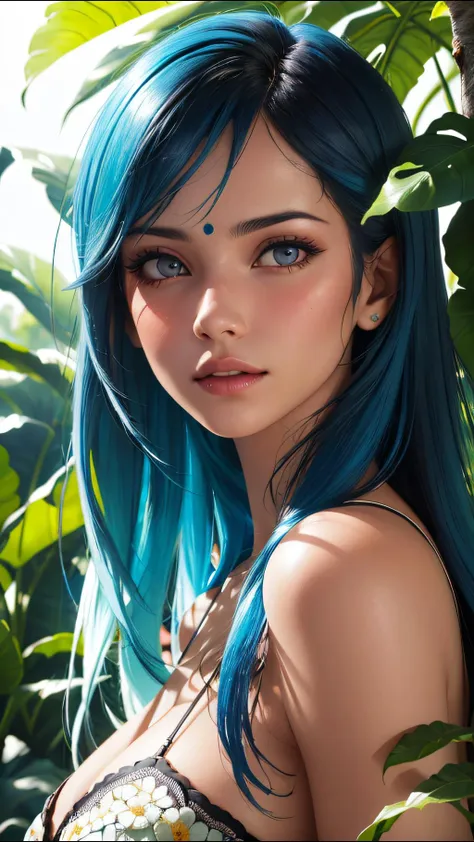 fashion photography portrait of indian girl with blue hair, in lush jungle with flowers, 3d render, cgi, symetrical, octane render, 35mm, bokeh, 9:16, (intricate details:1.12), hdr, (intricate details, hyperdetailed:1.15), (natural skin texture, hyperrealism, soft light, sharp:1.2), detailed, sunlight passing through foliage