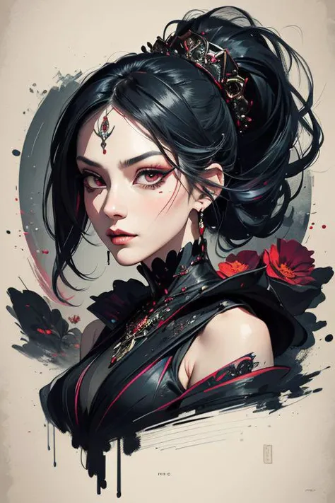 calligraphyinkstyle, Concept art portrait of the most evil woman in the universe, as beautiful as she is evil, extravagant headdress, ultra detailed, cinematic, Sharp focus, big depth of field, Masterpiece, colors, fractal art, painterly, concept art, trending on artstation, hyperrealistic, Vivid colors, extremely detailed, intricatedetails