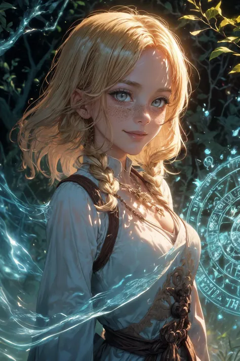 (best quality, masterpiece), <lora:tangbohu-detailer_1.0:0.8>
1 girl, adult woman, freckles, grey eyes, medium blonde waterfall braid,
(style-swirlmagic:1.0), looking at viewer, solo, upper body, detailed background, detailed face, (<lora:Magic Circle_20230812103010:0.6>, Magic Circle theme:1.1), sinister smile, charlatan, wearing (white:0.7) simple peasant clothes, crystal pendant, rustic hut in the forest, outdoors, vines, branches, herbs, moss, spices, dried plants, vials, potions, beads, roots, sunset, low light