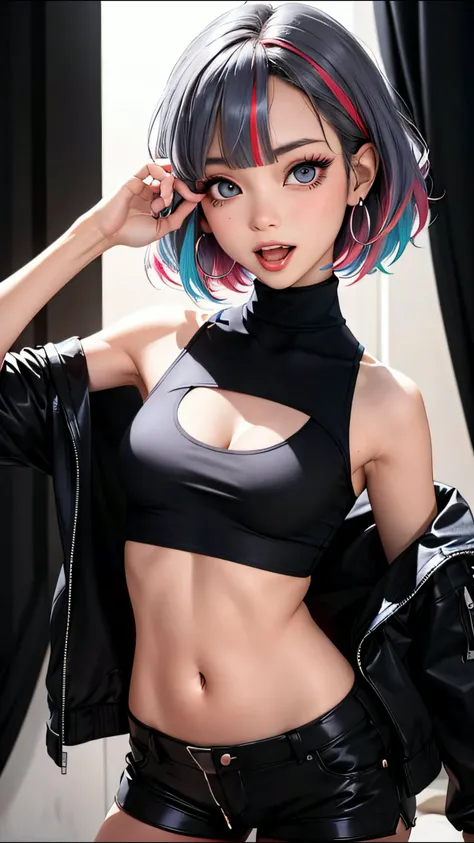 masterpiece, (photorealistic:1.4), best quality, beautiful lighting,
nanakusa nazuna, 1girl, bangs, black background, black jacket, black shirt, black shorts, blue eyes, blunt bangs, breasts, cleavage cutout, clothing cutout, crop top, eyeshadow, fangs, gradient hair, grey hair, hair rings, jacket, light purple hair, looking at viewer, makeup, multicolored hair, navel, open mouth, red eyeshadow, shirt, shorts, sleeveless, sleeveless turtleneck, sleeveless turtleneck crop top, small breasts, solo, stomach, turtleneck, turtleneck crop top, two-tone hair, vampire <lora:nanakusa_nazuna_offset:1>
RAW photo, 8k uhd, film grain