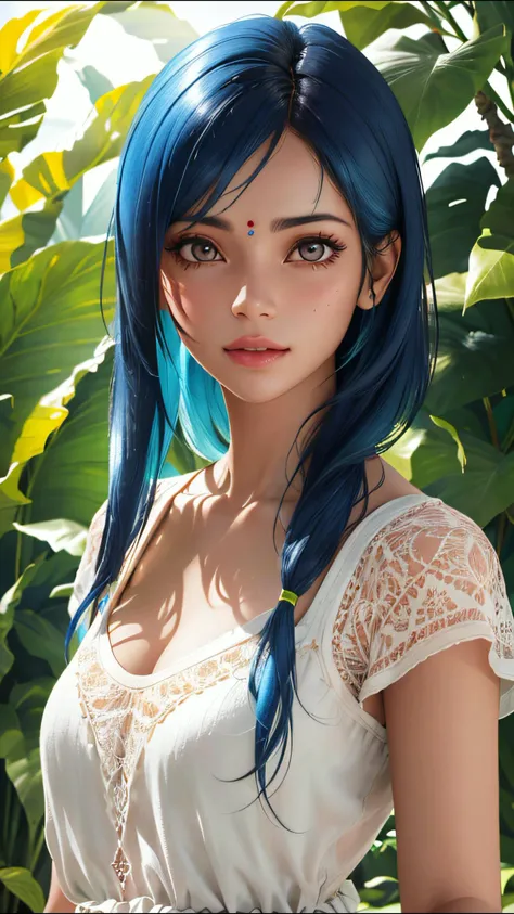 fashion photography portrait of indian girl with blue hair, in lush jungle with flowers, 3d render, cgi, symetrical, octane render, 35mm, bokeh, 9:16, (intricate details:1.12), hdr, (intricate details, hyperdetailed:1.15), (natural skin texture, hyperrealism, soft light, sharp:1.2), detailed, sunlight passing through foliage