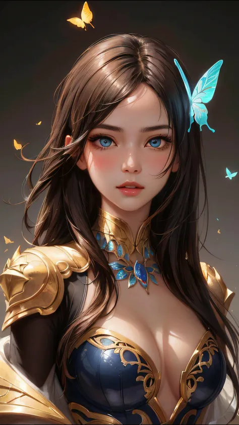 8k portrait of beautiful cyborg with brown hair, intricate, elegant, highly detailed, majestic, digital photography, art by artgerm and ruan jia and greg rutkowski surreal painting gold butterfly filigree, broken glass, (masterpiece, sidelighting, finely detailed beautiful eyes: 1.2), hdr, <lora:more_details:0.2>