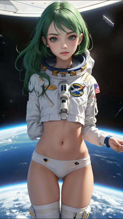 (best quality, masterpiece) perfect face, 18 years old girl, astronauts on space, green hair,