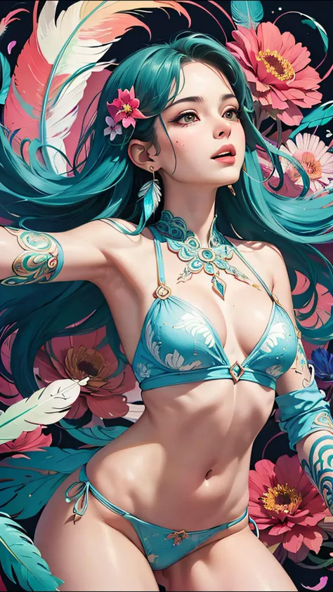 (masterpiece, top quality, best quality, official art, beautiful and aesthetic:1.2), (1girl:1.3), extremely detailed,(fractal art:1.1),(colorful:1.1)(flowers:1.3),highest detailed,(zentangle:1.2), (dynamic pose), (abstract background:1.3), (many colors:1.4), ,(earrings), (feathers:1.5)