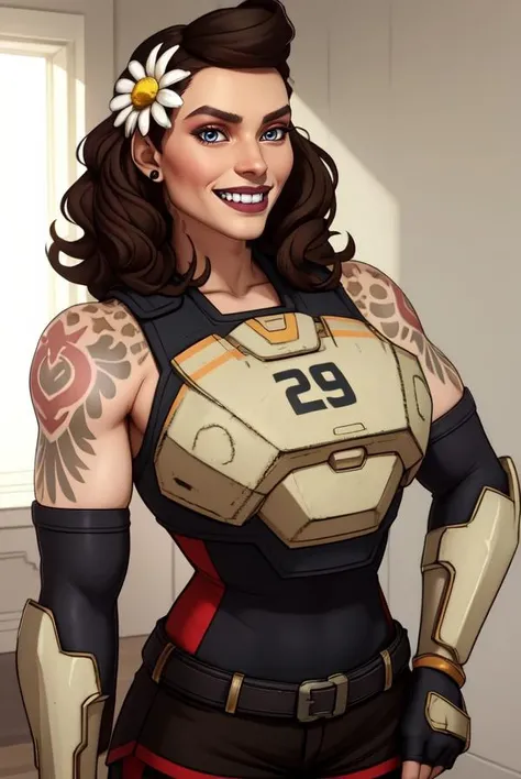 Daisy, tattoos,  brown hair, muscular, 
standing, upper body, 
(insanely detailed, masterpiece, best quality), smile, 
solo,  <lora:Daisy-10:0.7>