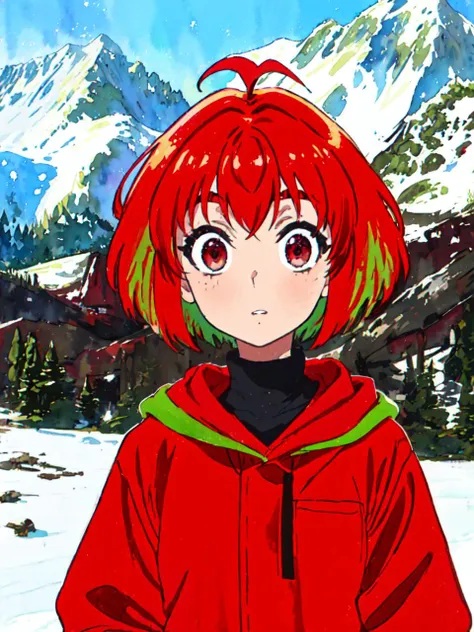 masterpiece, best quality, 8k,
 <lora:kana fujii s1-lora-nochekaiser:0.7> kana fujii, short hair, bangs, (red eyes:1.3), ahoge, red hair, multicolored hair, green hair, two-tone hair, thick eyebrows
vivid colors,
1girl, (solo)
(fantasy mage outfit:1.2),
factory background,
"               "  ,
<lora:IrisCompietStyle:0.9> ( watercolor \(medium\), IrisCompiet:1.2), painting of