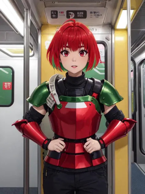 masterpiece, best quality, 8k,
<lora:kana fujii s1-lora-nochekaiser:0.7> kana fujii, short hair, bangs, (red eyes:1.3), ahoge, red hair, multicolored hair, green hair, two-tone hair, thick eyebrows
vivid colors,
1girl, (solo)
(stromtropper armor:1.2),
subway train,