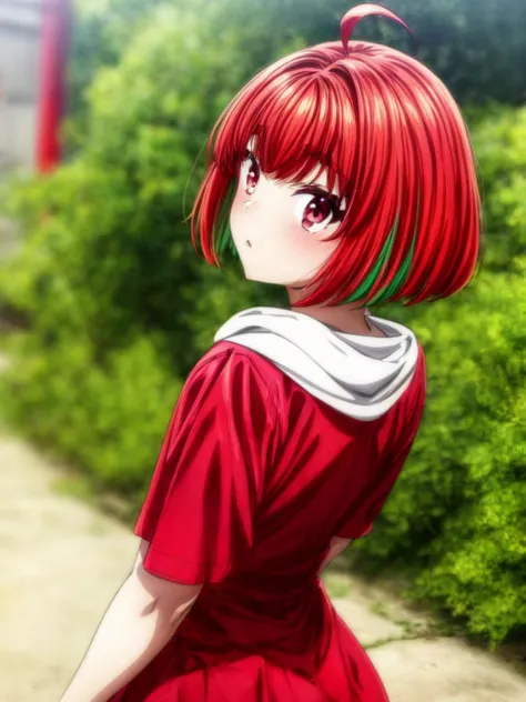 masterpiece, best quality, 8k,
<lora:kana fujii s1-lora-nochekaiser:0.7> kana fujii, short hair, bangs, (red eyes:1.3), ahoge, red hair, multicolored hair, green hair, two-tone hair, thick eyebrows
vivid colors,
1girl, (solo)
(" ":1.2),
back view,
comedy, funny, ,
<lora:add_detail:2>