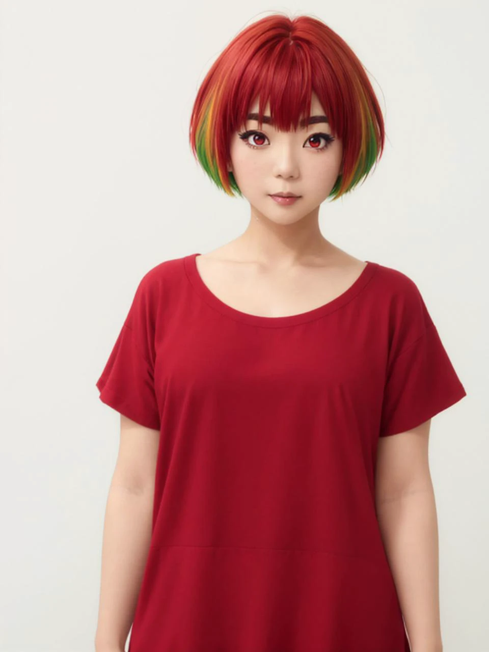 masterpiece, best quality, 8k,
<lora:kana fujii s1-lora-nochekaiser:0.7> kana fujii, short hair, bangs, (red eyes:1.3), ahoge, red hair, multicolored hair, green hair, two-tone hair, thick eyebrows
vivid colors,
1girl, (solo)
(sexy clothes:1.2),
(simple white background),
" " ,
<lora:kyoto animation_artstyle_LoCon:0.5>