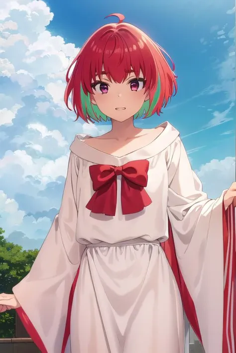 kanafujii, <lora:kana fujii s1-lora-nochekaiser:1>,
kana fujii, short hair, bangs, (red eyes:1.3), ahoge, red hair, multicolored hair, green hair, two-tone hair, thick eyebrows, grin,
BREAK bow, bowtie, red bow, red footwear, red bowtie, robe, (white robe:1.5),
BREAK outdoors, sky, sun, clouds,
BREAK looking at viewer, (cowboy shot:1.5),
BREAK <lyco:GoodHands-beta2:1>, (masterpiece:1.2), best quality, high resolution, unity 8k wallpaper, (illustration:0.8), (beautiful detailed eyes:1.6), extremely detailed face, perfect lighting, extremely detailed CG, (perfect hands, perfect anatomy),