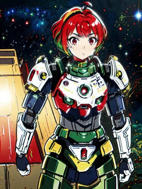 masterpiece, best quality, 8k,
<lora:kana fujii s1-lora-nochekaiser:0.7> kana fujii, short hair, bangs, (red eyes:1.3), ahoge, red hair, multicolored hair, green hair, two-tone hair, thick eyebrows
vivid colors,
1girl, (solo)
(space marine armor, futuristic armor, science fiction armor,:1.2),
<lora:Hyohon:0.8> hyohon