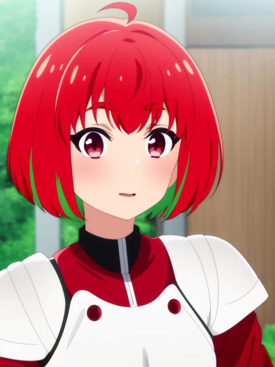 masterpiece, best quality, 8k,
<lora:kana fujii s1-lora-nochekaiser:0.8> kana fujii, short hair, bangs, (red eyes:1.3), ahoge, red hair, multicolored hair, green hair, two-tone hair, thick eyebrows
vivid colors,
1girl, (solo)
(science fiction, white armor:1.2),
looking at viewer,
" " ,
" "