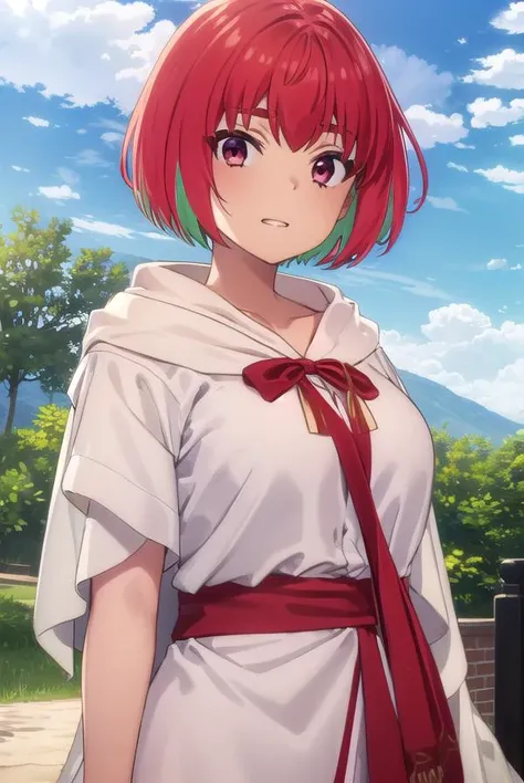 kanafujii, <lora:kana fujii s1-lora-nochekaiser:1>,
kana fujii, short hair, bangs, (red eyes:1.3), ahoge, red hair, multicolored hair, green hair, two-tone hair, thick eyebrows, grin,
BREAK bow, bowtie, red bow, red footwear, red bowtie, robe, (white robe:1.5),
BREAK outdoors, sky, sun, clouds,
BREAK looking at viewer, (cowboy shot:1.5),
BREAK <lyco:GoodHands-beta2:1>, (masterpiece:1.2), best quality, high resolution, unity 8k wallpaper, (illustration:0.8), (beautiful detailed eyes:1.6), extremely detailed face, perfect lighting, extremely detailed CG, (perfect hands, perfect anatomy),