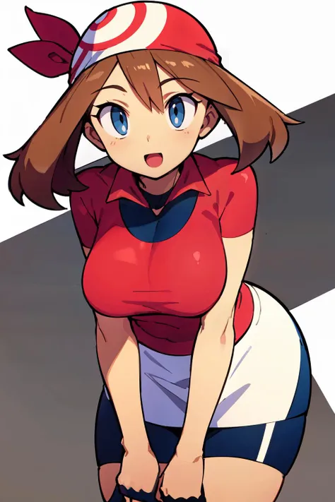 ((masterpiece, best quality)), absurdres,   <lora:May_Pokemon:0.7>, zzMay, perfect, solo, brown hair, blue eyes,  red shirt, short sleeves, white skirt, 1girl, :o, bandana, bike shorts, blue eyes, brown hair, leaning forward, looking at viewer, medium breasts, simple background, skin tight, solo, standing, thick thighs, thighs, white background, smile,    <lora:Bold_CAT:0.5>,