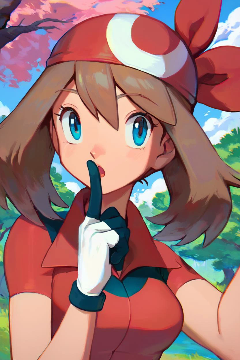 score_9, score_8_up, score_8, medium breasts, (curvy), cute, eyelashes, zzMay, lowres, long hair, breasts, looking at viewer, open mouth, bangs, shirt, gloves, hair between eyes, upper body, short sleeves, outdoors, sky, day, collared shirt, white gloves, :o, tree, eyelashes, red shirt, finger to mouth, bandana, red bandana, looking at viewer, <lora:MayP2:0.8>, embedding:zPDXL,