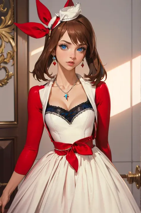 <lora:Outfit_soph-ChanelPrincessGown:0.75> dr3ss, (ballgown), trim stitching, sleeveless, necklace, jewelry, || shrug \(clothing\), || red hat, hair bow, <lora:May_Pokemon:0.6> zzMay, solo, blue eyes, brown hair, medium hair, perfect,, absurdres, ultra detailed, masterpiece, best quality, aesthetic, detailed,