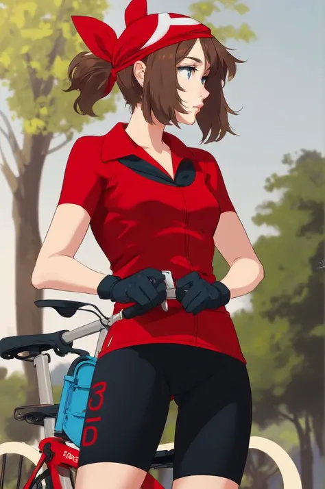 <lora:May_Pokemon:0.7> zzMay, solo, blue eyes, brown hair, medium hair, perfect, red shirt, bike shorts, red bandana, red shirt, gloves, skirt,  <lora:Feguimel [MockAi - v1.0]:0.8> feguimel, soft shading, realistic proportions, outdoors, facing away,
