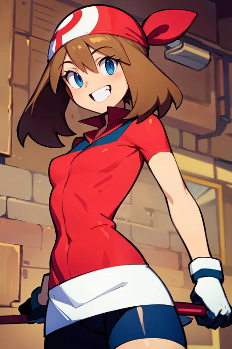 ((masterpiece, best quality)), absurdres,   <lora:May_Pokemon:0.7>, zzMay, perfect, solo, brown hair, blue eyes,   red shirt, skirt, bike shorts, red bandana, red shirt, medium hair, gloves,    smile, looking at viewer, cowboy shot, <lora:Bold_CAT:0.5>,