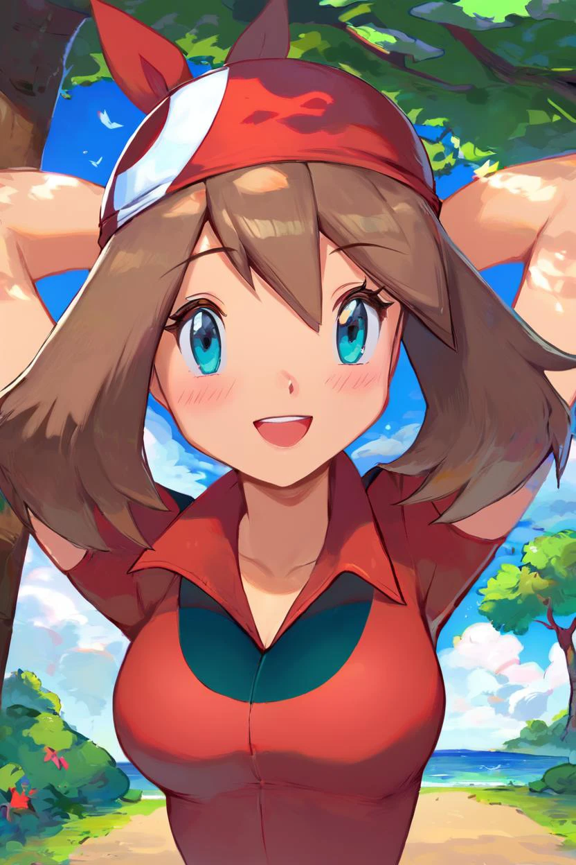 score_9, score_8_up, score_8, medium breasts, (curvy), cute, eyelashes, zzMay, breasts, looking at viewer, blush, open mouth, bangs, shirt, upper body, short sleeves, outdoors, sky, day, collared shirt, cloud, smile, arms up, tree, eyelashes, red shirt, arms behind head, bandana, bush, official style, red bandana, <lora:MayP2:0.7>, embedding:zPDXL,