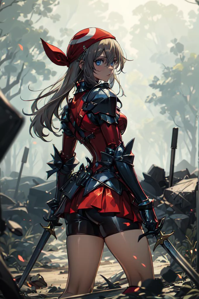 <lora:xuer plate armor_20240212225854:0.8> xuer plate armor, <lora:May_Pokemon:0.75> zzMay, solo, blue eyes, brown hair, medium hair, perfect, red shirt, bike shorts, red bandana, red shirt, gloves, skirt, (looking back:1.3),, absurdres, ultra detailed, masterpiece, best quality, aesthetic, detailed,