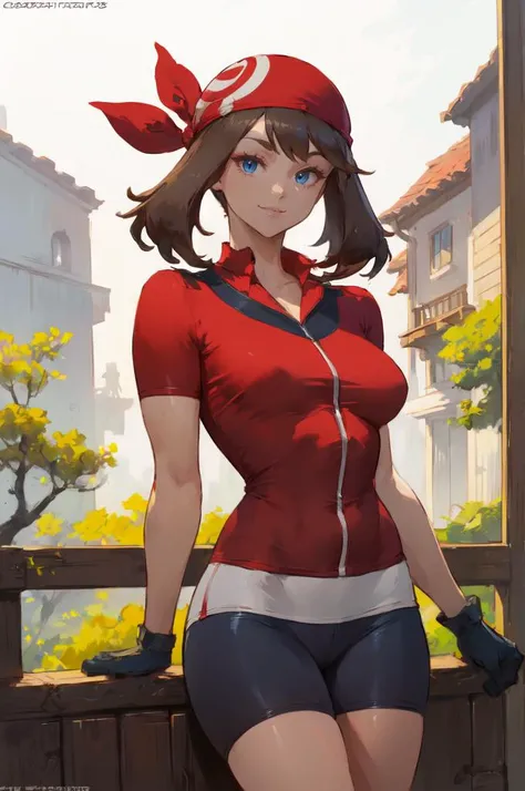 outdoors, smile, <lora:May_Pokemon:0.7> zzMay, solo, blue eyes, brown hair, medium hair, perfect, red shirt, bike shorts, red bandana, red shirt, gloves, skirt,   <lora:CuteSexyRobutts [MockAi - v1.0]:1> csr, painterly style, vibrant colors, sketchy lineart,, absurdres, ultra detailed, masterpiece, best quality, aesthetic, detailed,