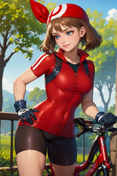 looking away, outdoors, smile, <lora:May_Pokemon:0.7> zzMay, solo, blue eyes, brown hair, medium hair, perfect, red shirt, bike shorts, red bandana, red shirt, gloves, skirt,   <lora:NeoArtCore [MockAi - v1.0]:0.8> neoartcore, pinup, soft shading,, absurdres, ultra detailed, masterpiece, best quality, aesthetic, detailed,