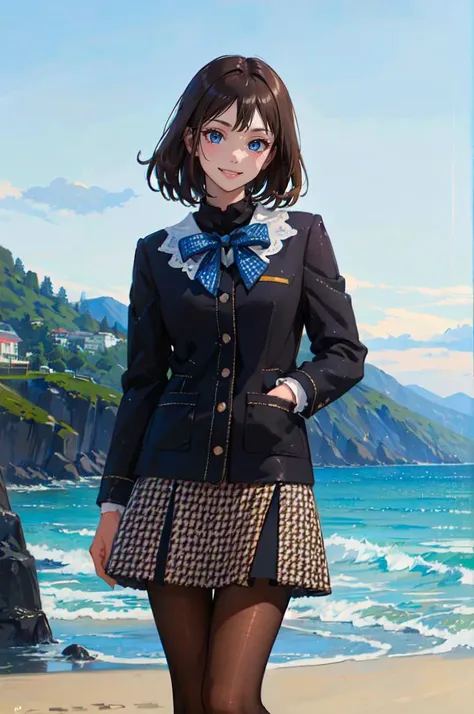 cowboy shot, smile, outdoors, beach, <lora:May_Pokemon:0.7> zzMay, solo, blue eyes, brown hair, medium hair, perfect,<lora:dating_attire_style5_v1:0.55> dating attire, bow, jacket, skirt, pantyhose, bow socks, black footwear,, absurdres, ultra detailed, masterpiece, best quality, aesthetic, detailed,