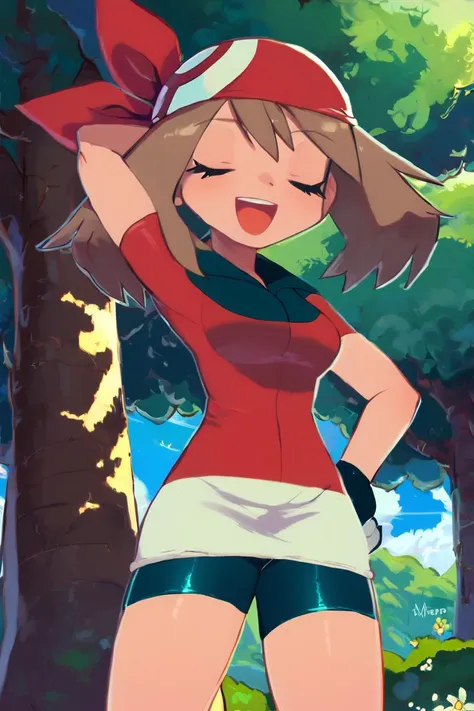 score_9, score_8_up, score_8, medium breasts, (curvy),  eyelashes,       zzMay, smile, open mouth, skirt, shirt, gloves, closed eyes, short sleeves, outdoors, sky, day, tree, hand on hip, bike shorts, arm behind head, bandana,   embedding:zPDXL,  <lora:MayP2:1>,  <lora:Zankuro_Style_Pony:0.6>,