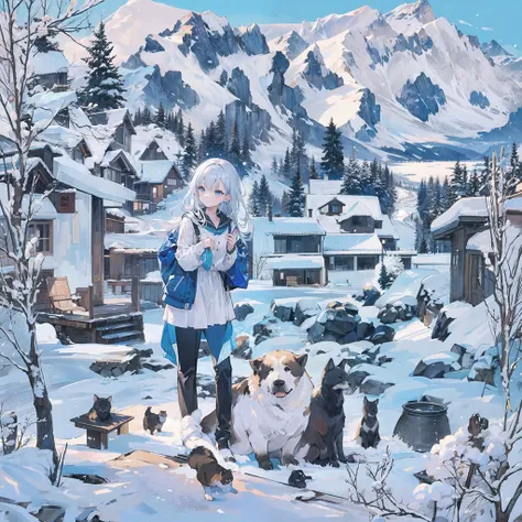 (1girl:1.6), full body, Ankle-length trousers and a blouse, BREAK, A charming, sunlit Swiss chalet with snow-covered mountains in the background, cute animals,, (masterpiece, top quality, best quality, official art, beautiful and aesthetic:1.3), extreme detailed,highest detailed,(ultra-detailed),((an extremely delicate and beautiful))