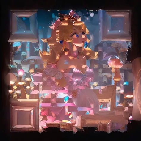 highres,masterpiece,perfect ligthing,bloom,cinematic lighting,adult,perfect skin,female,cowboy shot,smile,narrow waist,skinny,<lora:PrincessPeachMovie:0.6>,(PrincessPeach),choker,detailled eyes,blue eyes,choker,sensual,mushrooms,mushroom kingdom,pink lips,((glossy lips)),pursed lips,pink pumps,glossy skin,oily skin,beautiful light,(day:1.3),bright,looking at viewer,<lora:CrystallineAI-000009:1>,pink crystallineAI dress,