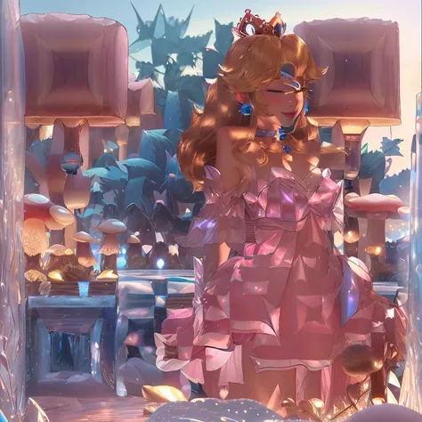 highres,masterpiece,perfect ligthing,bloom,cinematic lighting,adult,perfect skin,female,cowboy shot,smile,narrow waist,skinny,<lora:PrincessPeachMovie:0.6>,(PrincessPeach),choker,detailled eyes,blue eyes,choker,sensual,mushrooms,mushroom kingdom,pink lips,((glossy lips)),pursed lips,pink pumps,glossy skin,oily skin,beautiful light,(day:1.3),bright,looking at viewer,<lora:CrystallineAI-000009:1>,pink crystallineAI dress,