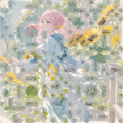1girl, cinematic lighting, centered, (colorful), watercolor, high contrast, Draped top and wide-leg trousers, Dutch braids with baby pink highlights hairstyle, A tranquil, sunlit field of sunflowers, <lora:Colorwater_v4:0.4>, <lora:tachi-e:0.8>, (masterpiece, top quality, best quality, official art, beautiful and aesthetic:1.3), extreme detailed,highest detailed,(ultra-detailed),((an extremely delicate and beautiful))
