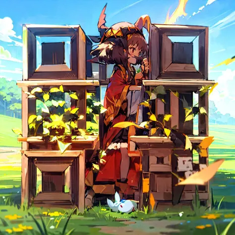 1girl, megumin, outside, green meadow, blue sky, casting spell