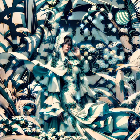 Green plants as the main body, covered with green plants,The wall covered with plants and flowers, the girl standing on the wall, covered with plants,The beautiful girl was wrapped in white silk, Intricate and luxurious white dress surrounded by intricate foliage and flowers, white, soft, intricate, science fiction, high contrast, high key, cinematic light,(masterpiece, top quality, best quality, official art, beautiful and aesthetic:1.3), extreme detailed, highest detailed, (ultra-detailed),<lora:epi noiseoffset2:0.8>