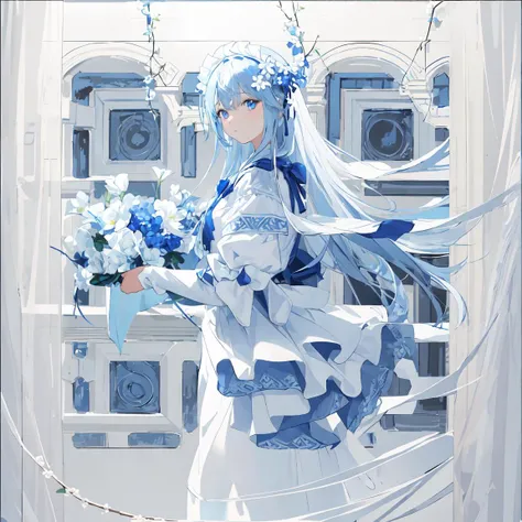 (masterpiece, best quality), white and blue color scheme, featuring flowers and branches, cowboy shot, 1girl